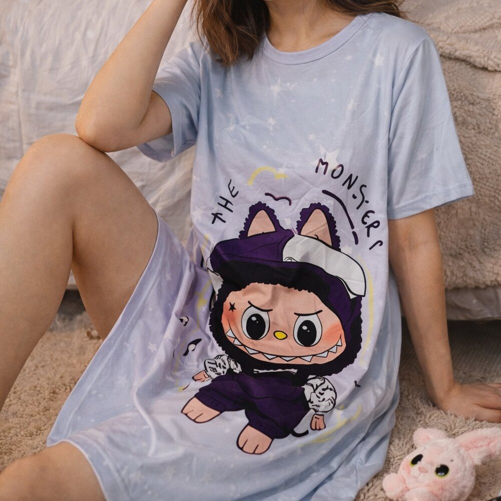 👾 The Monsters Pastel T-Shirt Dress | Cute Cartoon Sleep Dress | Kawaii